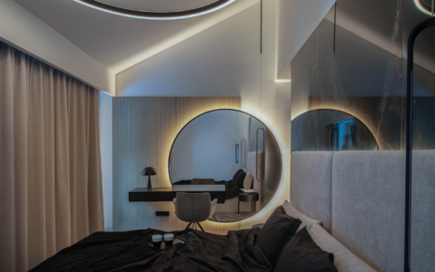 Didelis apvalus veidrodis su MDF minimalistiniu rėmeliu ir galiniu apsvietimu